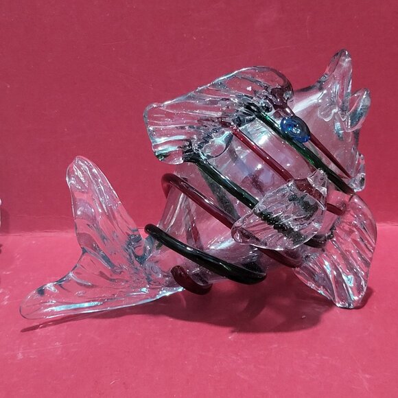 Decorative Fish Sculpture Blown Glass Colorless Red Green Colored Foil Fusions